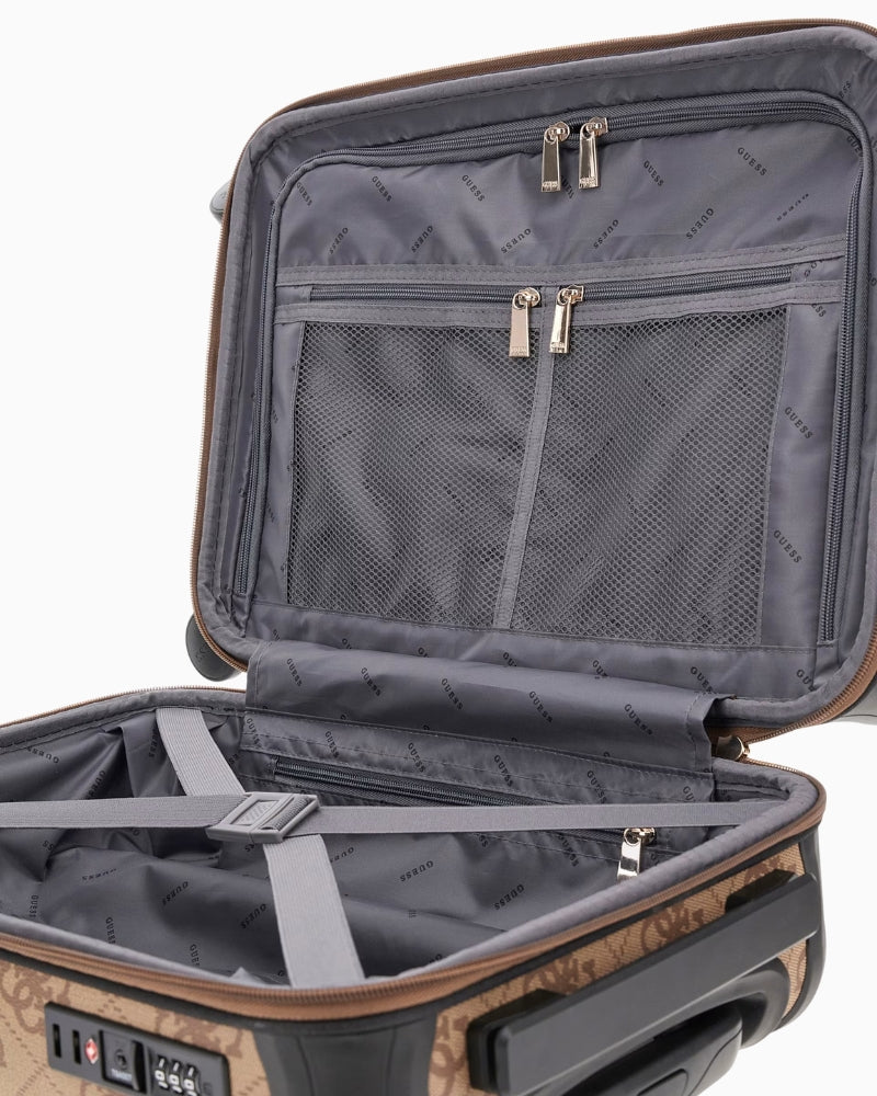 Guess Berta 4G Logo Trolley in latte side view with zip compartments 1