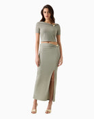 Guess Brigitte Midi Skirt in sage draped detail with jewel