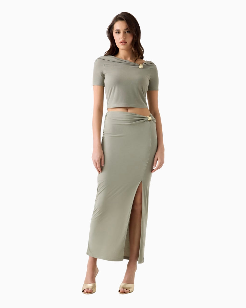 Guess Brigitte Midi Skirt in sage draped detail with jewel