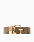Reversible latte faux leather belt by Guess with 4G logo print and pale gold buckle