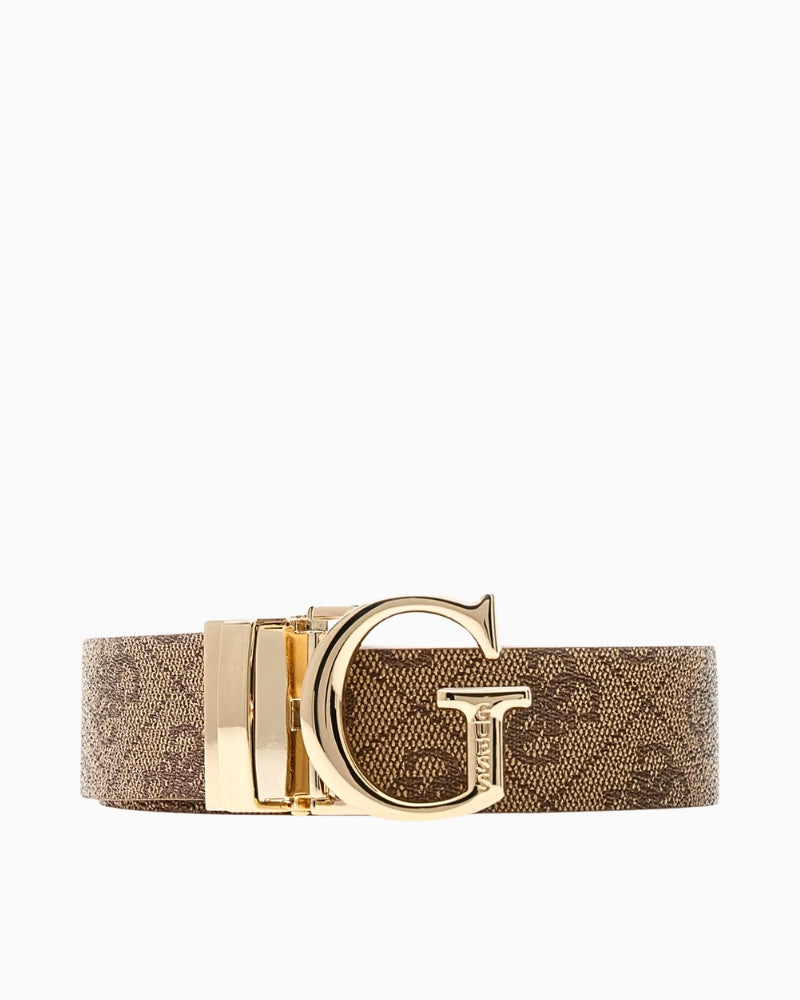 Reversible latte faux leather belt by Guess with 4G logo print and pale gold buckle