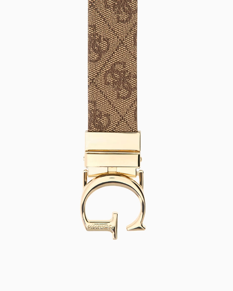Close-up of Guess belt showing logo-script buckle clasp in pale gold