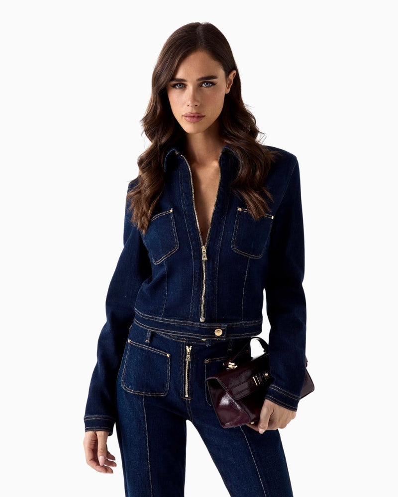 Guess cropped denim jacket blue front view – Áines Boutique