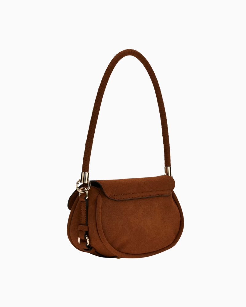 Guess Danya Suede Shoulder Bag in cognac angled view showing suede texture 1