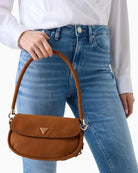 Guess Danya Suede Shoulder Bag in cognac front view with top handle and flap closure 1