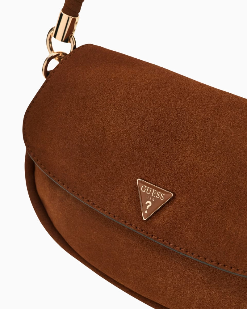 Guess Danya Suede Shoulder Bag in cognac logo detail 1