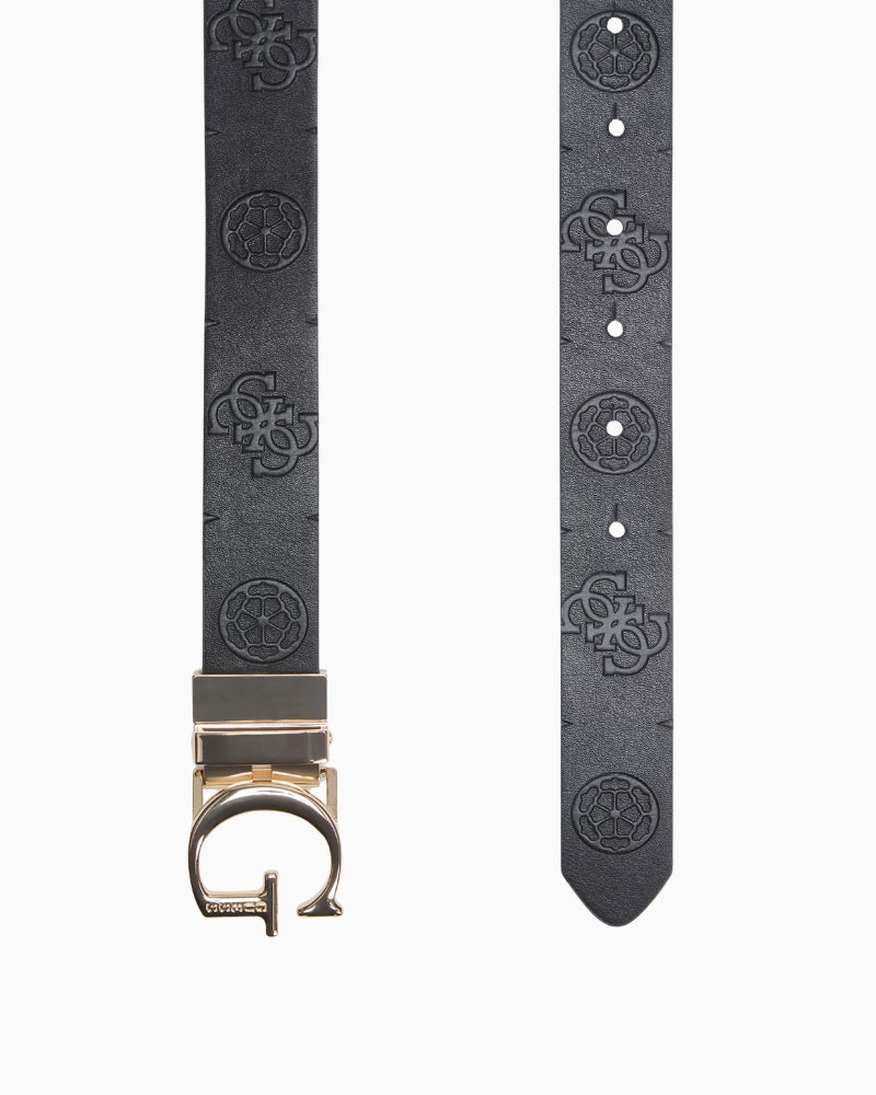 Guess Ella Logo Rev Belt in Black debossed peony pattern detail