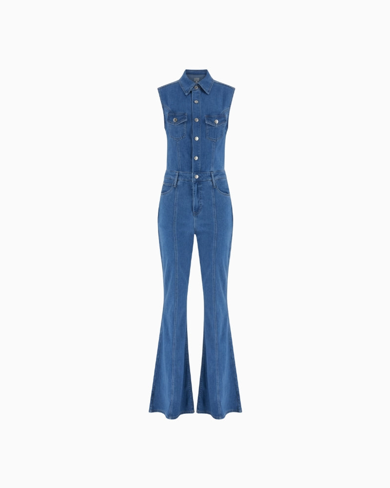 Guess Harlo Flare Denim Jumpsuit fitted bodice detail