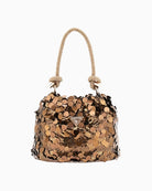 Front view of Guess Holiday Shine Mini Handbag in bronze sequins with rhinestone handle