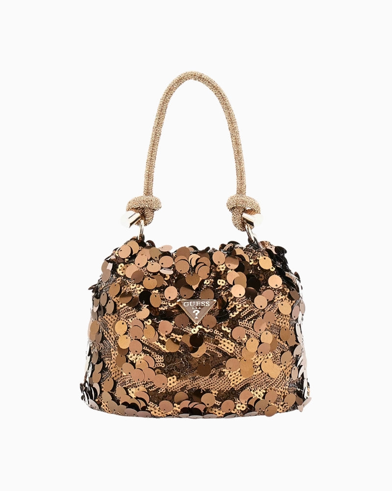 Front view of Guess Holiday Shine Mini Handbag in bronze sequins with rhinestone handle