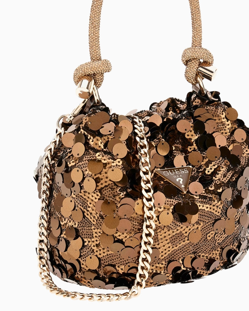 Side view of Guess bronze mini bag with detachable chain strap