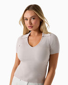 Guess Jeans Collar Stella Sweater in light beige ribbed detail