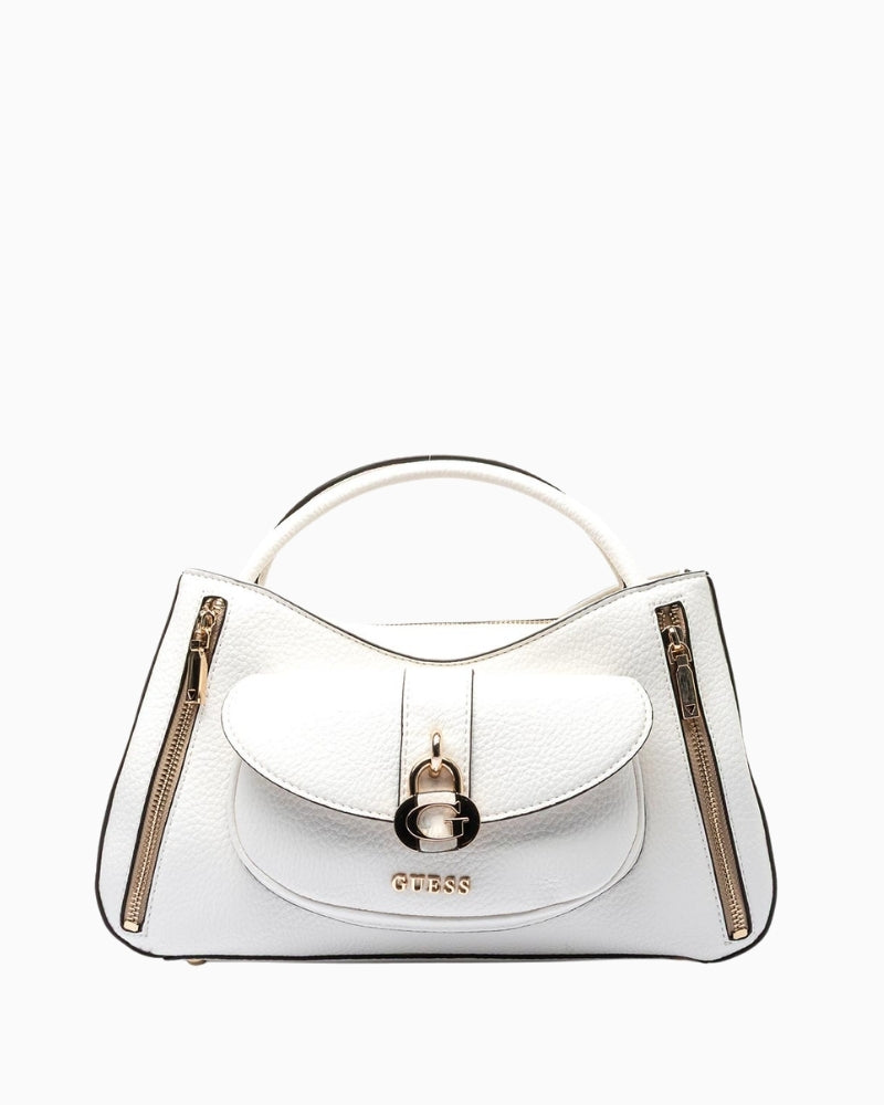 Guess Jessa medium satchel bag white front view with flap detail