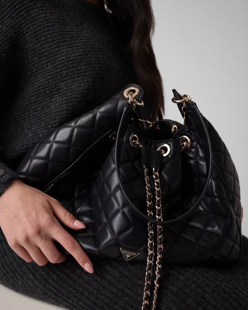 Guess Juliet Hobo Bag in black drawstring fastening detail