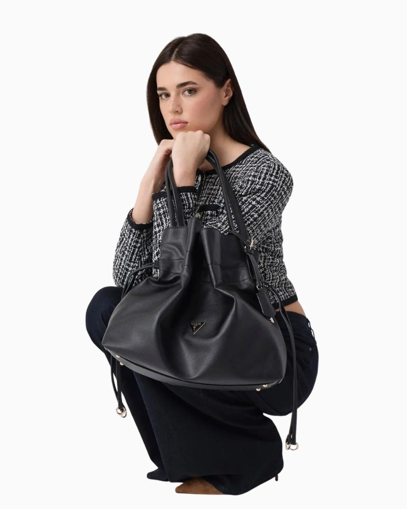 Guess Karima Tote Bag in Black drawstring detail