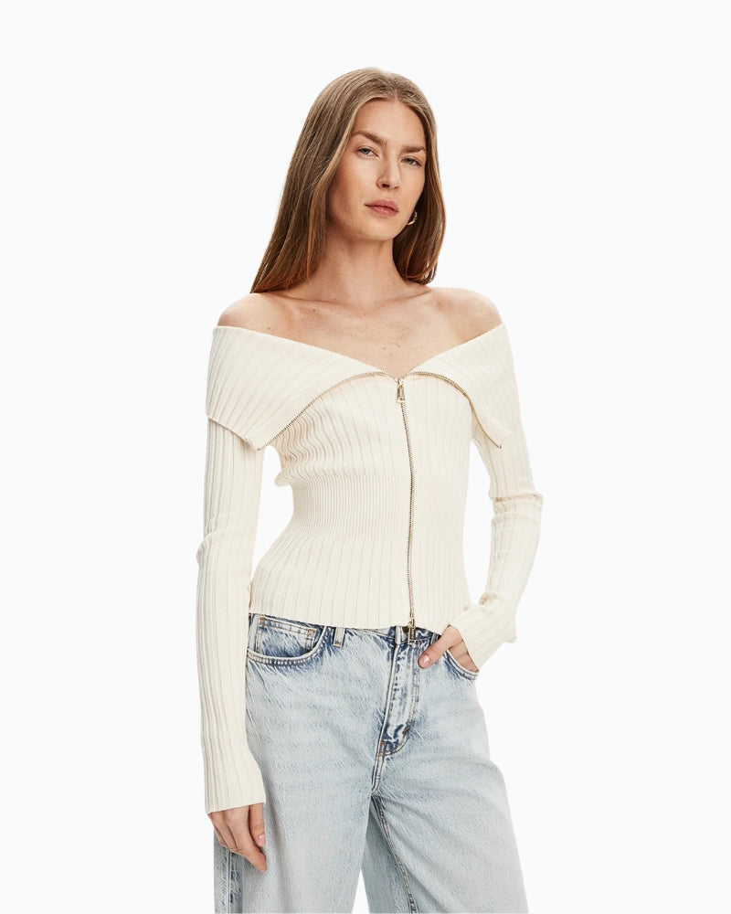 Front view of cream slim fit zipped cardigan by Guess with ribbed knit and pastel detailing