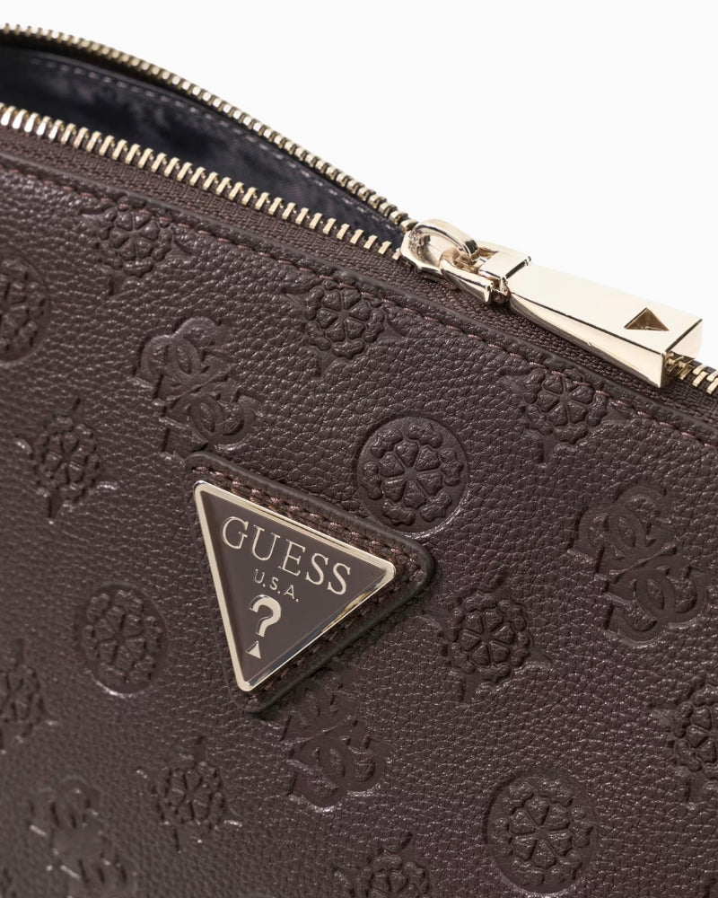 Guess Lenwood Top Zip Cosmetic Bag in brown top zip detail