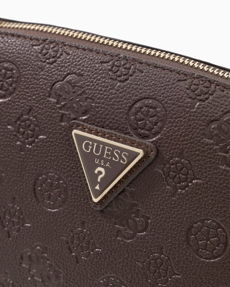 Guess Lenwood Top Zip Cosmetic Bag in brown with shiny gold-tone hardware detail