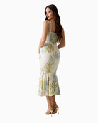 Guess Linen-Blend Dress in white and green back view
