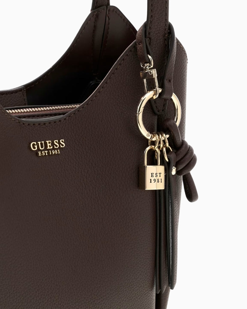 Guess Melody Bucket Bag in brown gold-tone hardware detail