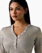 Guess metallic effect knit top silver button and knit detail close-up – Áines Boutique