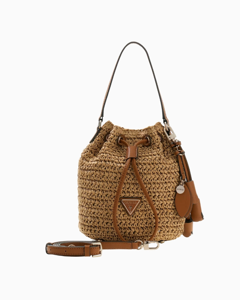 Guess Ofelia bucket bag natural top handle detail