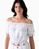 Guess Off-Shoulder Eyelets Top white front view