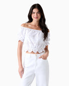 Guess Off-Shoulder Eyelets Top white front view on model