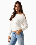 Guess one-shoulder knit sweater white side view – Áines Boutique