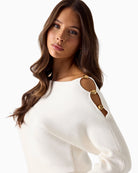 detail of Guess one-shoulder knit sweater gold bead trim close-up – Áines Boutique