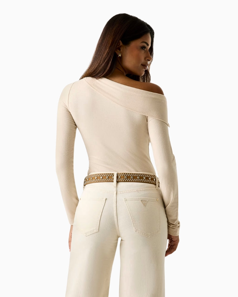 Guess one-shoulder top beige back view – Áines Boutique