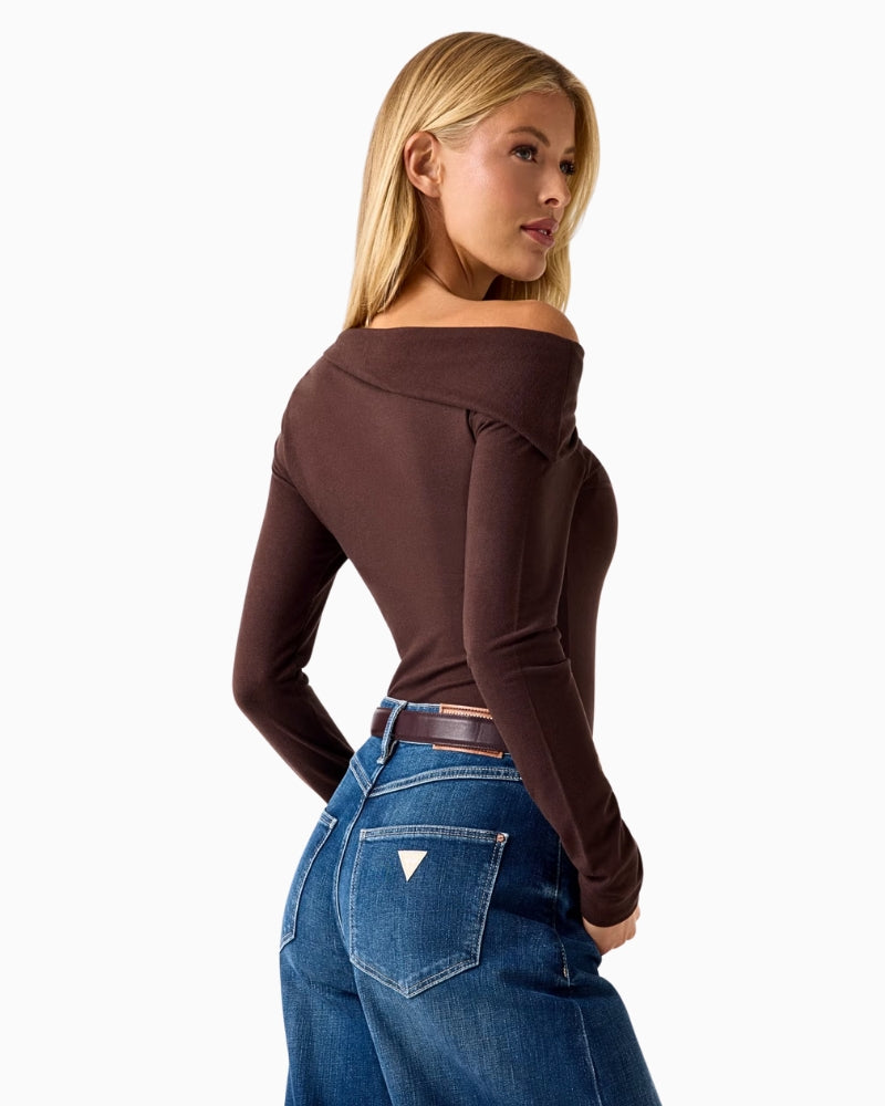 Guess one-shoulder top brown back view – Áines Boutique