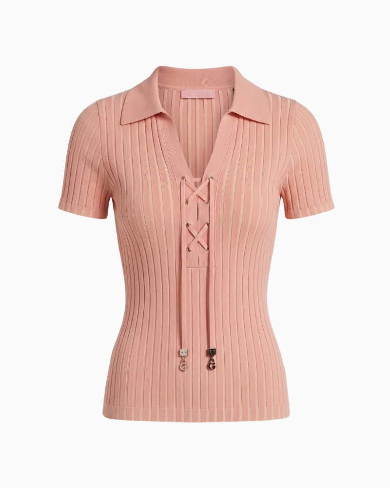 Guess Polo Lace-Up Regina Sweater in peach front view