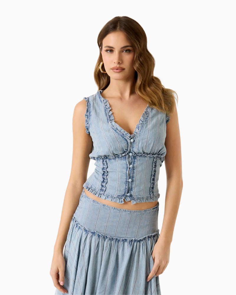 Guess Rebeca Lyocell Corset Top in denim blue front view