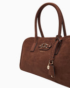 Guess Samantha GF Satchel in brown handle and pendant detail