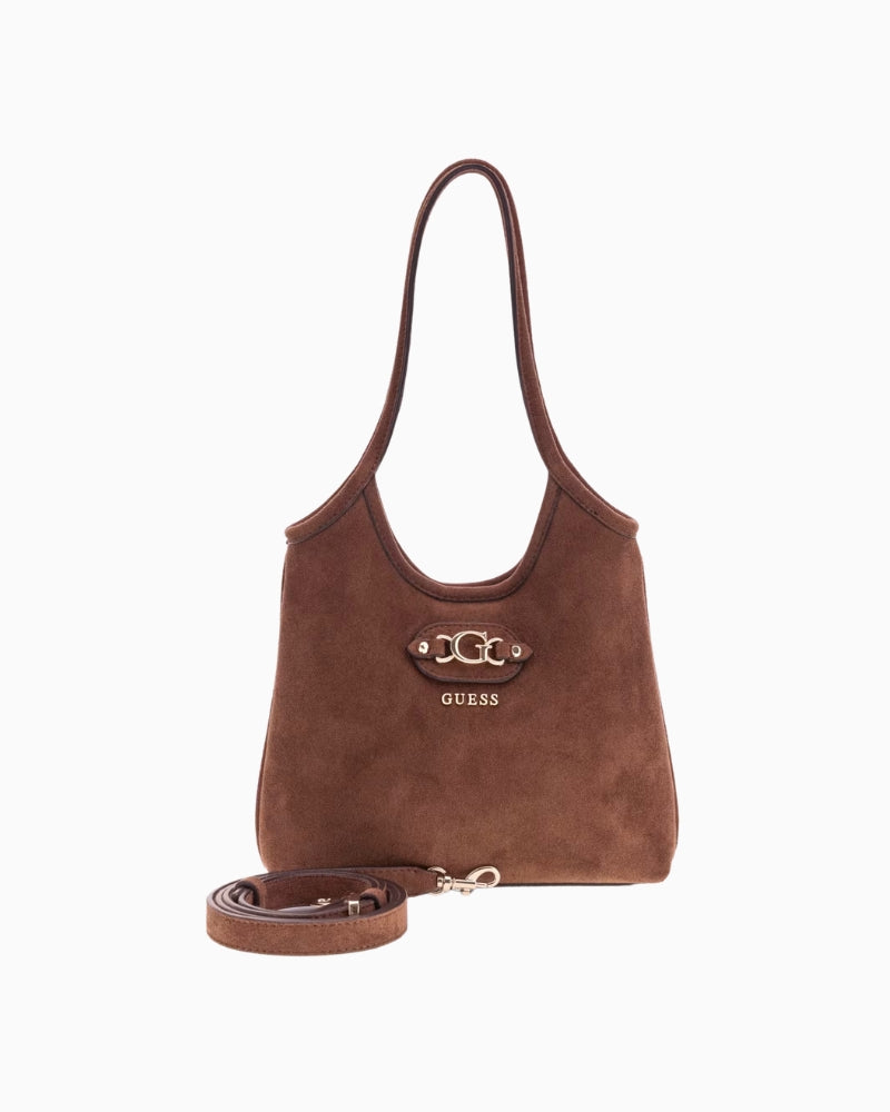 Guess Samantha Mini Tote Bag in Brown handle and shoulder strap detail