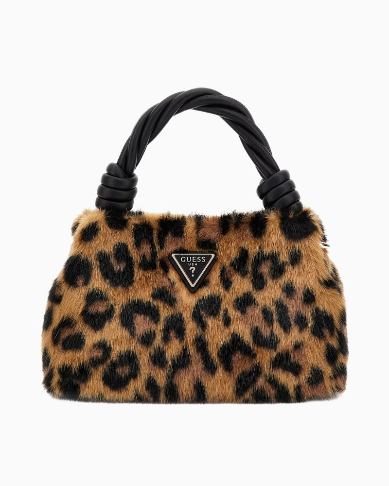 Brown faux fur mini handbag by Guess with gold hardware and animal print design