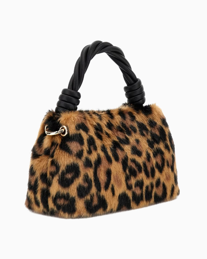 Back view of Guess brown faux fur handbag showing plush finish