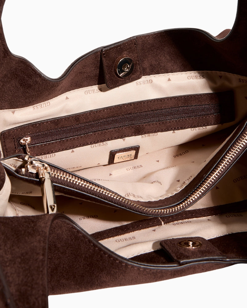 Guess Sunset Hobo Bag in dark brown interior view