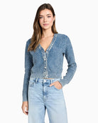 Guess textured embroidered cardigan blue front view – Áines Boutique