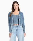 Guess textured embroidered cardigan blue paired with tank top – Áines Boutique