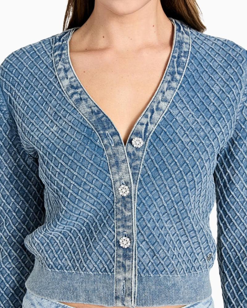 close-up detail of Guess textured embroidered cardigan knit texture – Áines Boutique