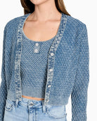 close-up of Guess textured embroidered cardigan jewel buttons – Áines Boutique