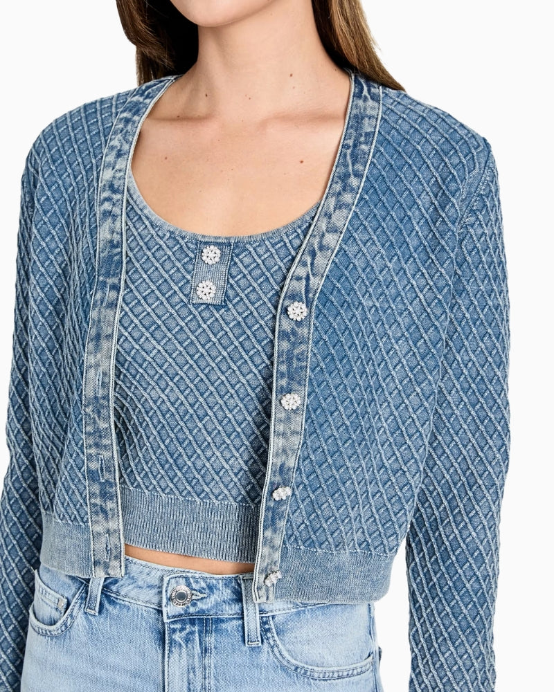 close-up of Guess textured embroidered cardigan jewel buttons – Áines Boutique