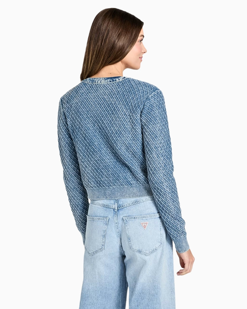 Guess textured embroidered cardigan blue back view – Áines Boutique