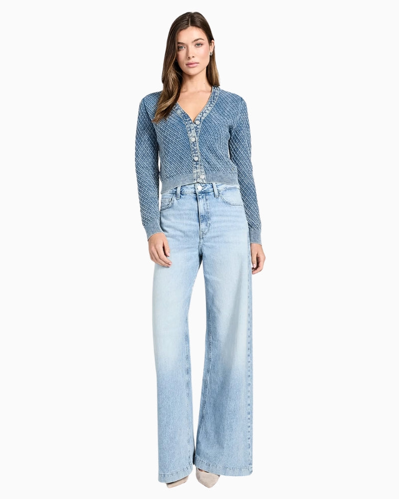 Guess textured embroidered cardigan blue styled with outfit on model – Áines Boutique