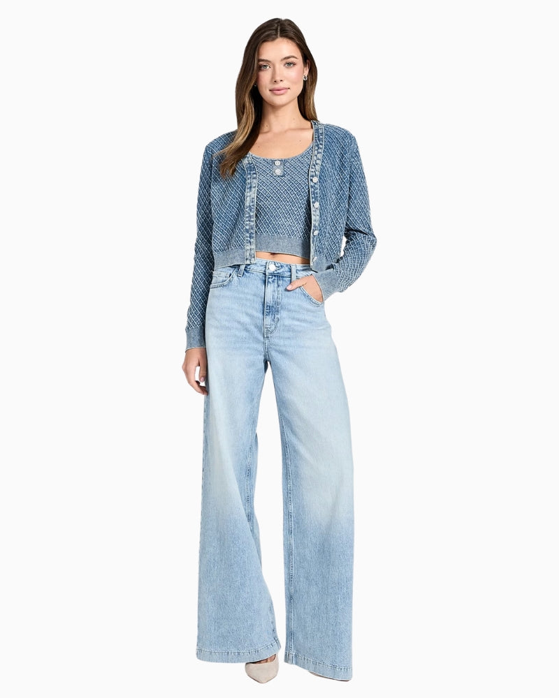 Guess textured embroidered cardigan blue styled with tank top and jeans on model – Áines Boutique