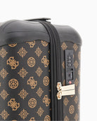 Side view of Guess cabin bag with TSA lock and spinner wheels