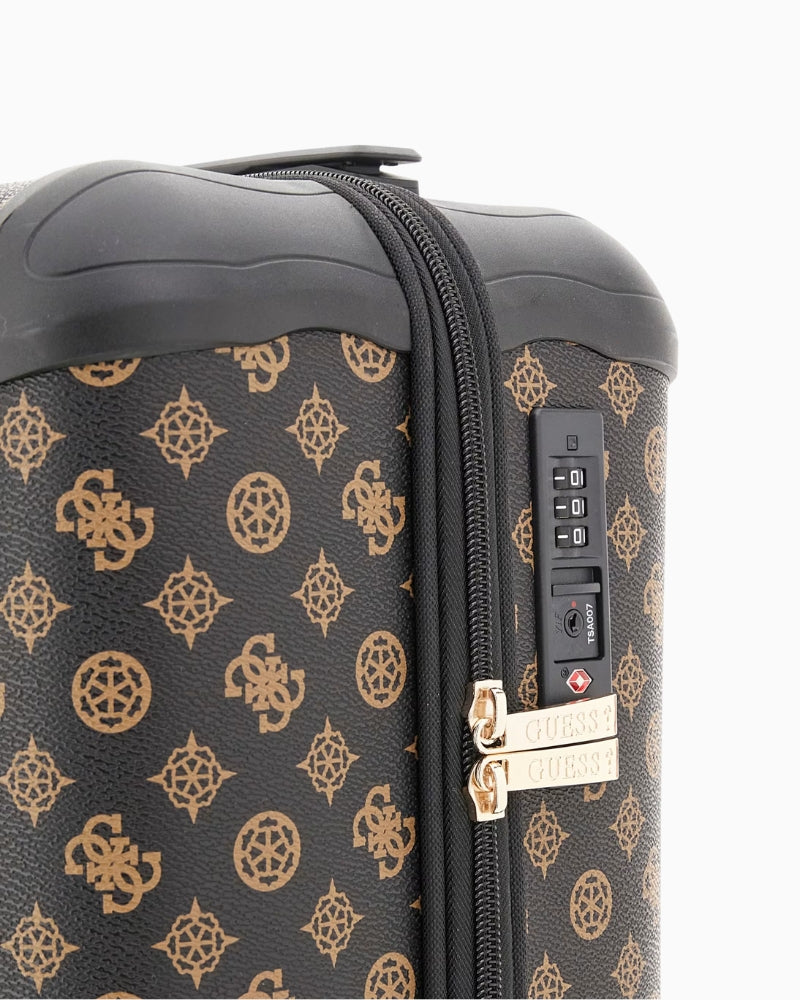 Side view of Guess cabin bag with TSA lock and spinner wheels