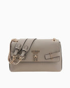 woman wearing Guess Yesba messenger bag taupe front view – Áines Boutique